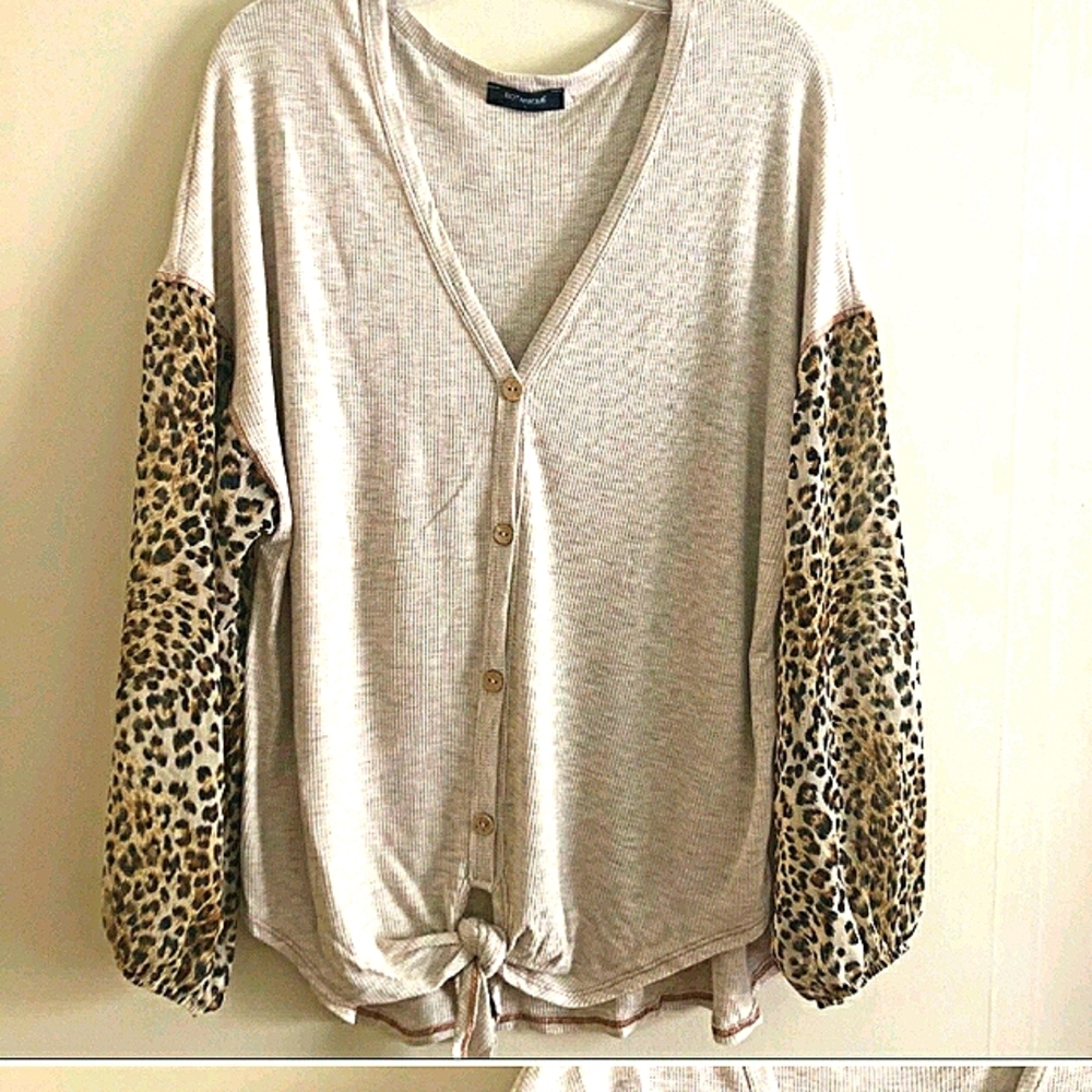 waffle knit leopard print top long sleeve